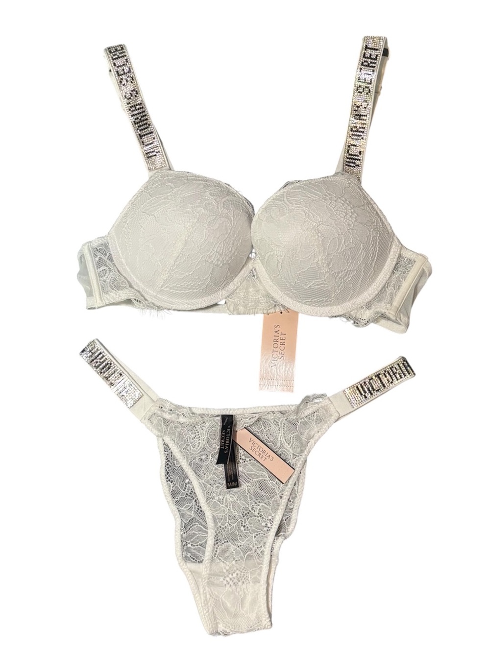 NWT Victoria's Secret Lace Shine Strap Collection Bra & Panty Lingerie Set-White